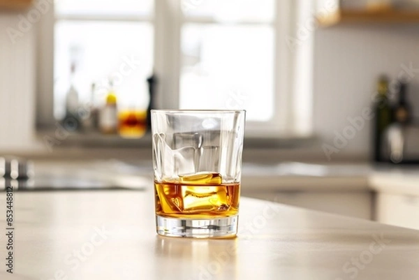 Fototapeta a lifestyle stock photography of A glass of alcohol represented by a transparent glass filled with a golden liquid. Clean, minimalistic kitchen counter. Straight-on shot, medium distance. Soft,