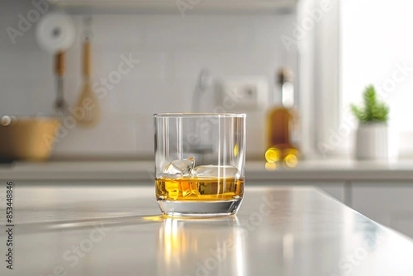 Obraz a lifestyle stock photography of A glass of alcohol represented by a transparent glass filled with a golden liquid. Clean, minimalistic kitchen counter. Straight-on shot, medium distance. Soft,