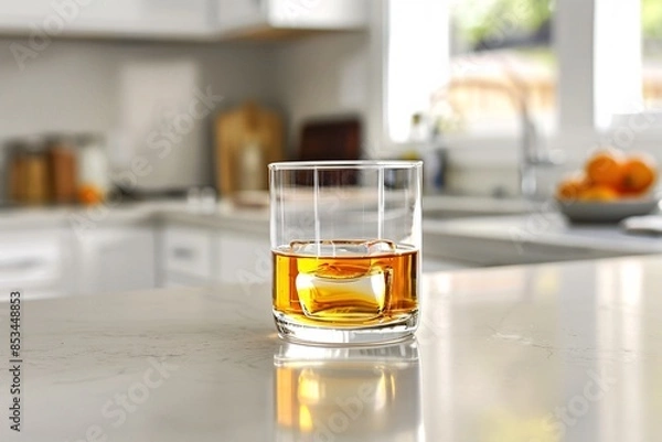 Fototapeta a lifestyle stock photography of A glass of alcohol represented by a transparent glass filled with a golden liquid. Clean, minimalistic kitchen counter. Straight-on shot, medium distance. Soft,
