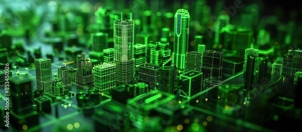 Fototapeta Futuristic Green Digital Cityscape with Skyscrapers and Modern Architecture in a Virtual Reality Environment