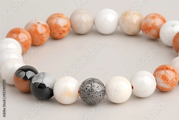 Fototapeta a bracelet made of white and orange jasper beads with black onyx, in the middle there is one big round stone that looks like obsidian