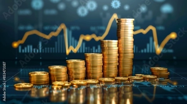 Fototapeta Financial Growth Concept - Stacked Coins Forming Rising Bar Chart Illustration Showing Success and Wealth Accumulation