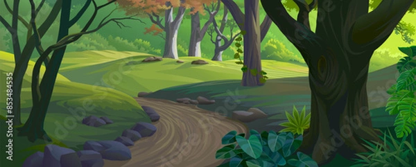 Fototapeta The road is in the middle of the lush green jungle with foliage, creepers, and meadows.