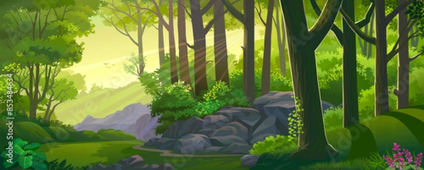 Fototapeta A view of the forest during sunset with lush green grass, trees, and rocks.