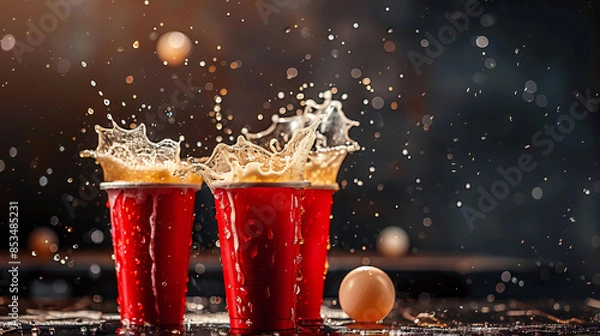 Fototapeta A beer pong shot hits the mark, causing beer to splash out of tree red cups