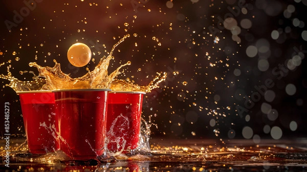 Fototapeta A beer pong ball splashes into a red cup, causing beer to spill out