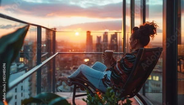 Fototapeta A woman sits in a lounge chair on the balcony of her apartment, enjoying the view of the busy city with a cup of coffee
