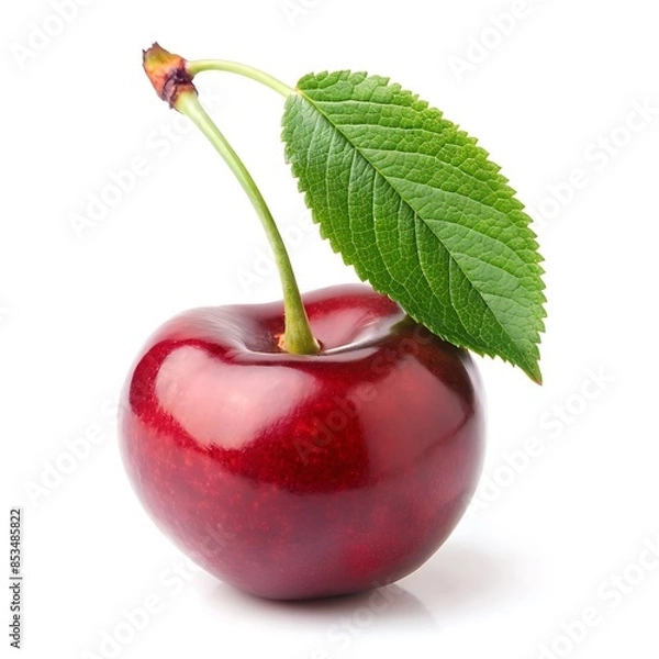 Fototapeta Single Cherry with Leaf.