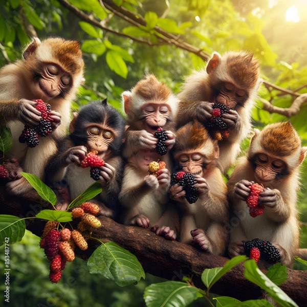 Fototapeta Six monkeys sitting in line together eating fame.