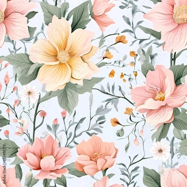 Fototapeta Seamless Floral Pattern: Pink and White Magnolia Repeating Magnolia Flower Pattern
