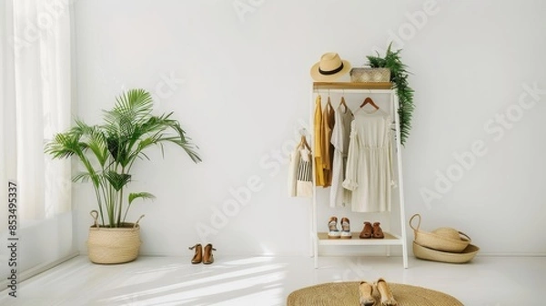 Fototapeta Bright minimalist clothes rack in room