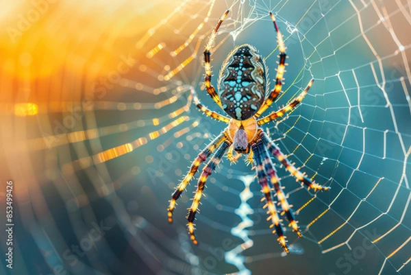 Fototapeta A macro shot of a spider weaving its web in the early morning, showcasing the intricacy of nature's designs highlighted. showcasing the beauty of nature for Ads, banner, magazine. Generative AI