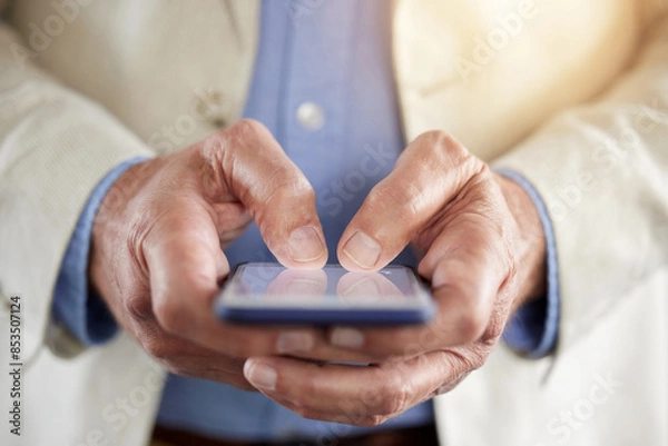 Fototapeta Office, typing and hands of business person with phone for communication, contact or b2b networking. Professional, corporate and closeup of worker on smartphone for internet, website and social media