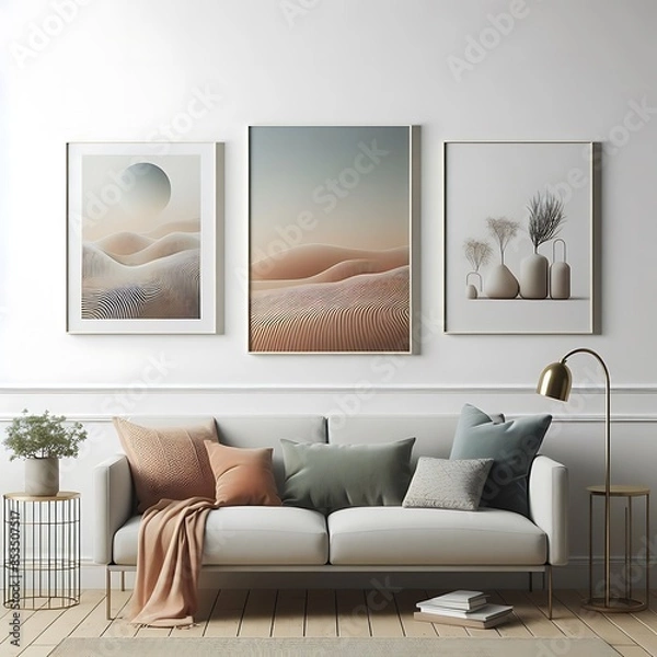 Fototapeta A couch with pillows and a picture on the wall creative.