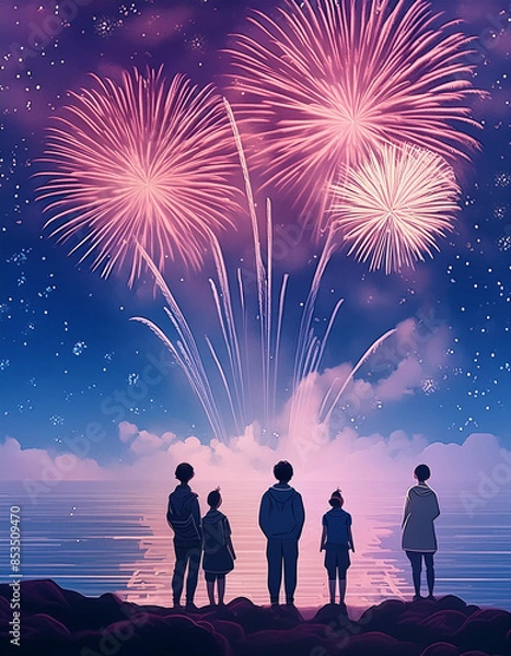 Fototapeta 夏の花火を見る人々のイラスト,Generative AI AI画像