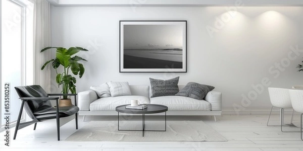 Fototapeta Minimalist white frame display on a modern living room wall, showcasing a monochrome photograph for a clean and sophisticated aesthetic
