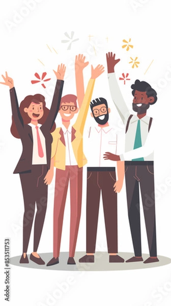 Fototapeta Vector of diverse business team celebrating successful project with high fives on white background