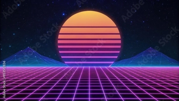 Fototapeta A futuristic neon grid with glowing lines and a dark background.