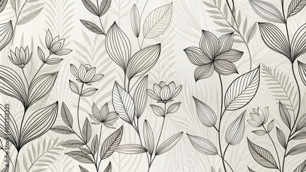 Fototapeta A minimalist background with abstract botanical line art in black and white.