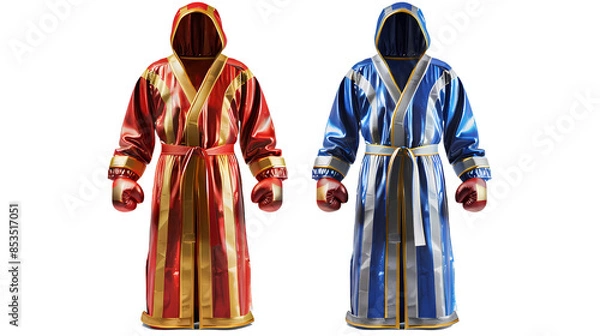Fototapeta Mockup of a boxing robe with hood, red with golden and blue with silver, on transparent background PNG file, Generative AI illustrations.  	