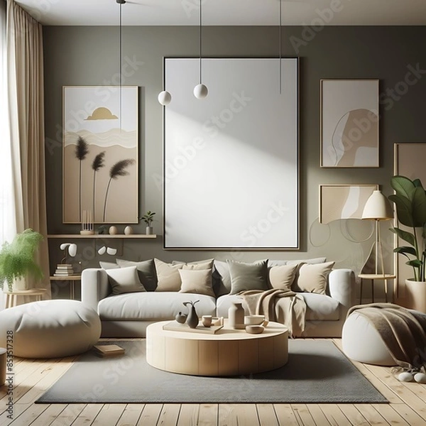 Fototapeta A living room style interior set design with a mockup poster empty white and with a couch and a coffee table Vibrant optimized.