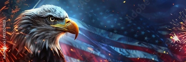 Obraz Majestic bald eagle with American flag in background, symbolizing patriotism and freedom, surrounded by fireworks.