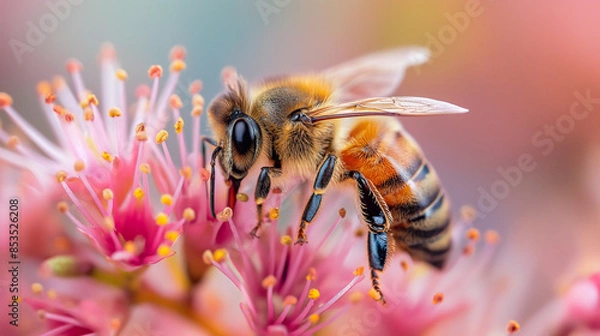 Fototapeta A honey bee on flower collects pollen and nectar