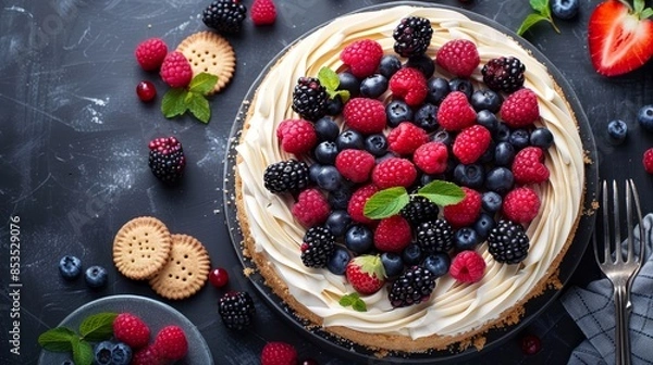 Fototapeta Baked chess cake with a topping of fresh berries and cookies, top view, selective focus, mouthwatering cheesecake presentation