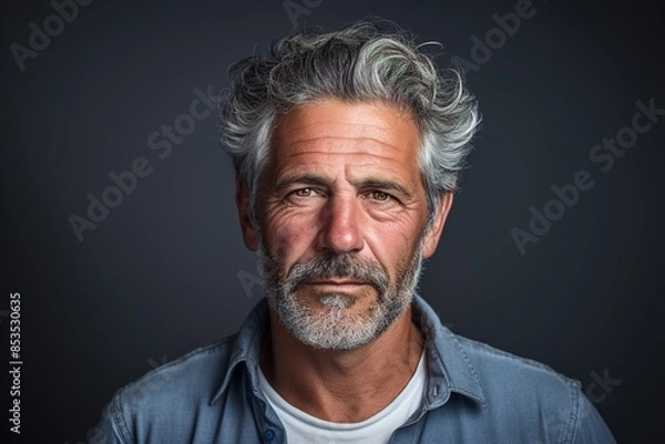 Obraz A man with a beard and gray hair is standing in front of a dark background