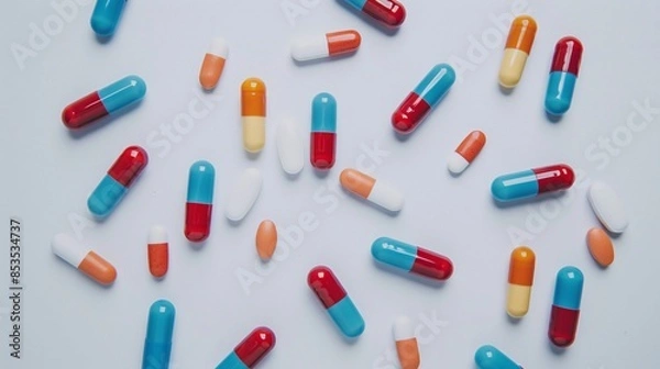 Obraz Assorted Capsules and Tablets on White Background