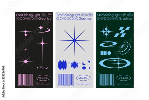 Obraz Ticket label receipt print y2k elements simple star futuristic shapes remix shining light sparkle bling barcode layout graphic design template set banner flyer web mobile contents digital logo minima