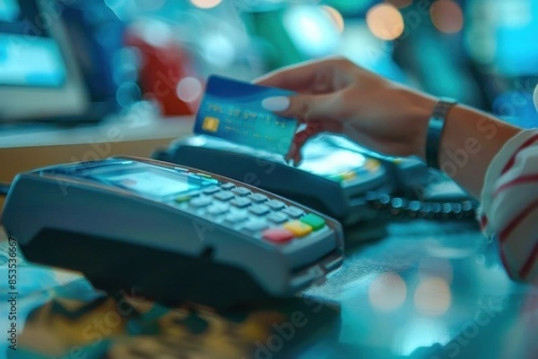 Fototapeta Hand Swiping Credit Card at Payment Terminal
