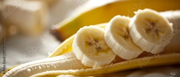 Fototapeta Close-up of a banana being peeled, soft and natural lighting emphasizing the potassium and energy benefits