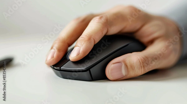 Fototapeta Closeup of a hand using a mouse next to a laptop from a side view for business. Mouse Laptop