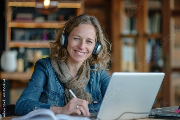 Fototapeta A smiling middle-aged business woman wearing headphones looks at her laptop computer while doing an online training video conference call working from home