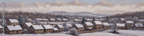 Obraz A nostalgic oil painting of a quiet village in winter, the thick, textured paint conveying the stillness and beauty of snow-covered rooftops and trees, Generative AI