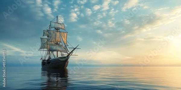 Fototapeta A serene seascape with a tall ship sailing on calm waters under a peaceful sky with clouds at sunset