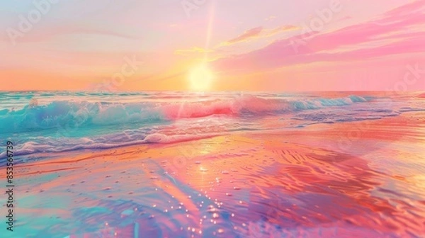 Fototapeta Explore a surreal world where an abstract holographic beach scene meets a digital sunset 