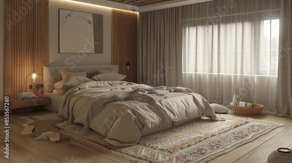 Obraz Cozy modern bedroom with soft bedding, natural light streaming through large windows, and warm, inviting decor, creating a serene and comfortable atmosphere.	