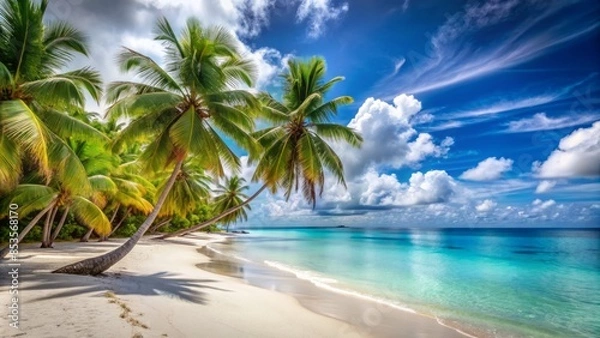 Fototapeta Sweeping view of a serene and idyllic tropical caribbean beach with swaying palm trees, crystal-clear turquoise water, and powdery white sand on a hot summer day.