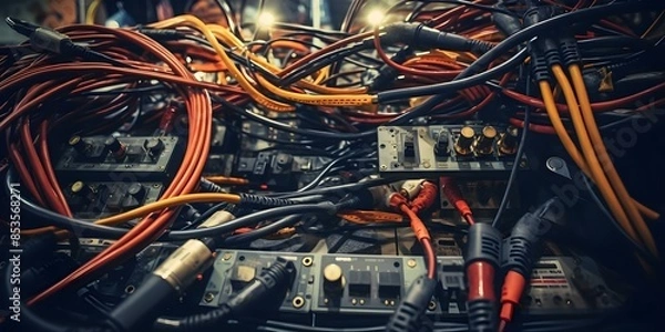 Fototapeta Tangled Network of Audio Cables Connecting Various Equipment. Concept Audio Setup, Cable Management, Equipment Connections, Recording Studio, Tech Troubleshooting