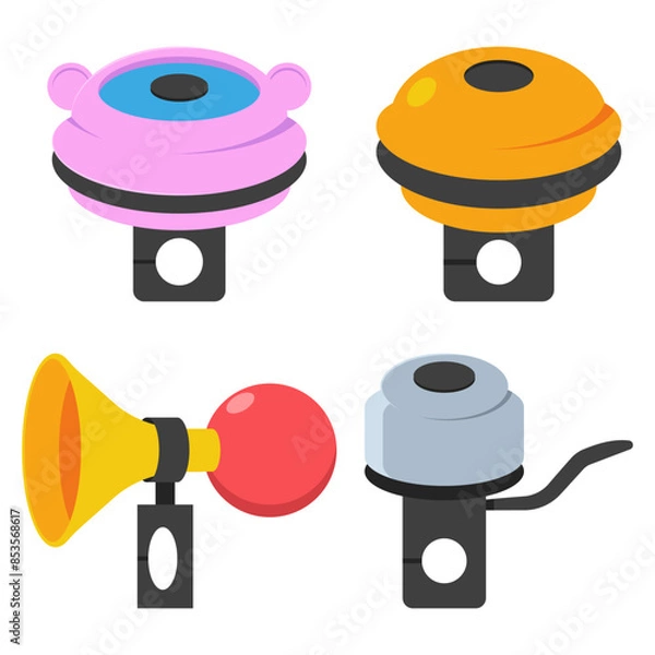 Fototapeta Bicycle bells vector cartoon set isolated on a white background.