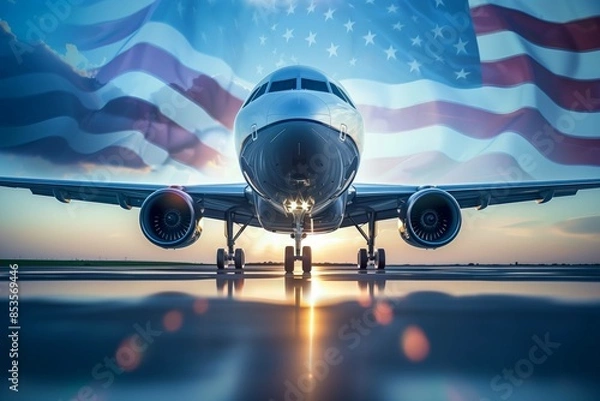Fototapeta Airplane landing on runway at airport making travel flight, with usa united states of america flag abstract in background