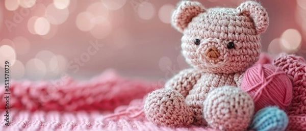 Fototapeta Soft crocheted teddy bear with pink yarn on a pink knitted blanket.