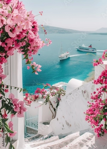 Fototapeta A beautiful photo of Santorini, with a sea view landscape showing pink flowers and blue water in the background, ships on the ocean, white buildings, beautiful, dreamy, relaxing, calm, with a Mediterr