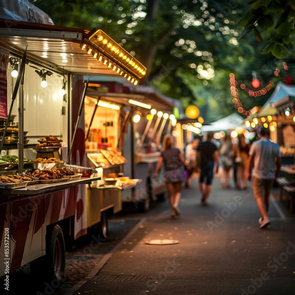 Fototapeta  A quaint food truck amidst a rural fairground, surrounded by wooden stalls selling local produce, with patrons in traditional attire sampling dishes, under a canopy of colorful bunting and lanterns,