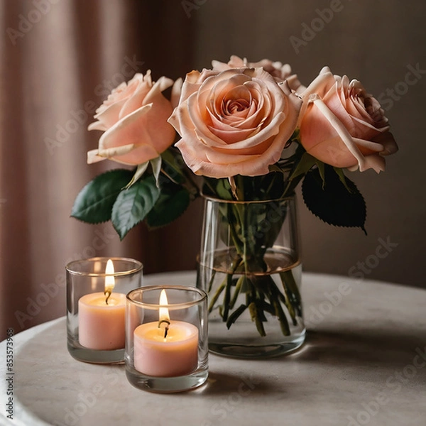 Obraz View of delicate white roses bouquet in vase ai photo