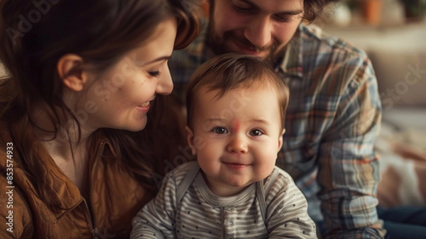 Fototapeta The husband, wearing a grey sweater, sits on the floor playing peek-a-boo with their baby, while the wife, in a floral dress, joins in the laughter beside them. Sunlight filters through sheer curtains
