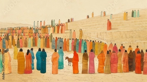 Fototapeta Leviticus,The Day of Atonement,Entire Community Observing Day of Atonement, Scapegoat Sent into Wilderness, People in Prayer and Fasting, Beige Background,Christian banner