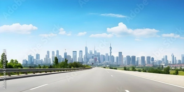 Fototapeta Highway perspective towards city skyline under clear blue skies symbolizing urban growth. Concept Urban Perspective, Highway Views, City Skyline, Blue Skies, Urban Growth